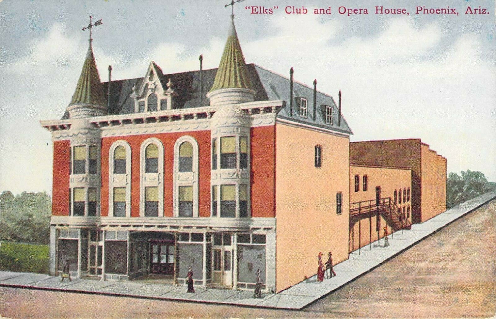 Color postcard depicting Broken Arrow's Elks Club and Opera House, early 1900s